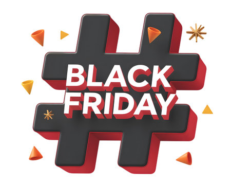 A large black hashtag symbol with red trim and white text reading black friday in the center, surrounded by small orange cones and yellow starbursts, isolated on transparent backgroundの素材