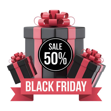Black friday sale with 50 percent discount and gift box, isolated on transparent backgroundの素材
