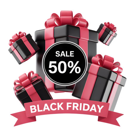 Black friday sale with 50 percent discount and multiple gift boxes, isolated on transparent backgroundの素材