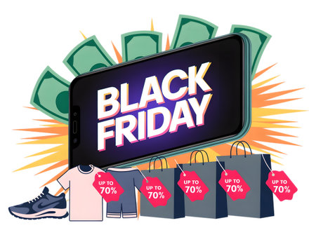 Black friday sale with smartphone, clothing, shopping bags, and money, isolated on transparent backgroundの素材