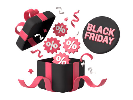 3d black friday gift box with percentage signs and ribbons, isolated on transparent backgroundの素材