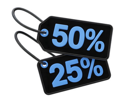 Two black price tags with white strings, one showing 50 and the other 25 discount, isolated on transparent backgroundの素材