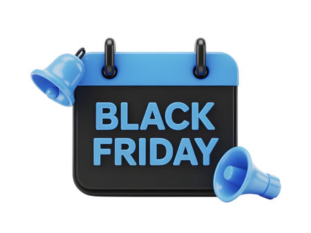 Black friday calendar icon with bell and megaphone isolated on transparent backgroundの素材