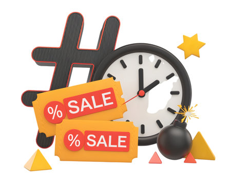 Time is running out for a big sale, represented by a clock, hashtag, sale tags, and bomb, isolated on transparent backgroundの素材