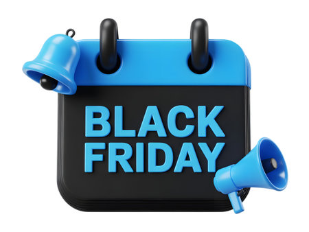 Black friday calendar icon with bell and megaphone isolated on transparent backgroundの素材