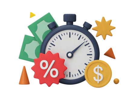Stopwatch with money, discount percentage, and festive elements, isolated on transparent backgroundの素材
