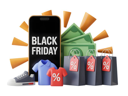 Black friday shopping concept with smartphone, money, bags, and clothes isolated on transparent backgroundの素材