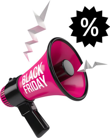 Megaphone with Black Friday label on white background, 3d renderの素材
