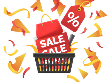 3d illustration of a black shopping basket overflowing with sale signs and a red bag, surrounded by confetti and abstract shapes, isolated on transparent backgroundの素材