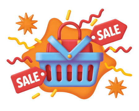 3d illustration of a shopping basket filled with a red bag, surrounded by sale tags, confetti, and abstract shapes, isolated on transparent backgroundの素材