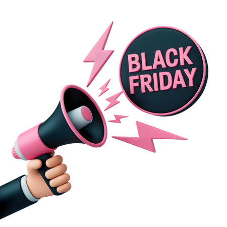 Hand holding a megaphone announcing black friday sales with lightning bolts, isolated on transparent backgroundの素材