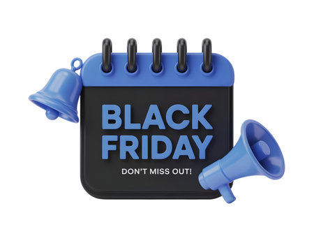 Black friday calendar with bell and megaphone, isolated on transparent backgroundの素材