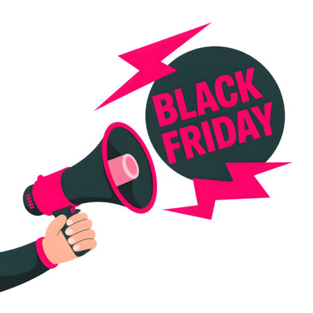 Hand holding a megaphone announcing black friday sales with lightning bolts, isolated on transparent backgroundの素材