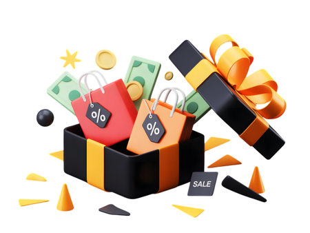 Gift box with shopping bags, money, and sale tags, symbolizing online shopping and discounts, isolated on transparent backgroundの素材