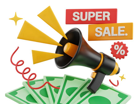 Megaphone announcing super sale with money and percentage symbol, isolated on transparent backgroundの素材