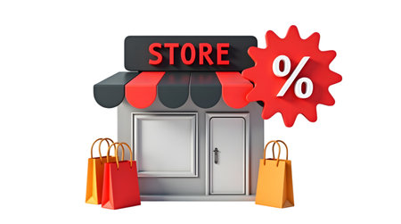 Small store with shopping bags and percentage sign isolated on transparent backgroundの素材