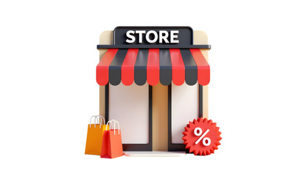 A delightful 3d rendered image of a storefront with a striped awning, two shopping bags, and a percentage discount symbol, isolated on transparent backgroundの素材