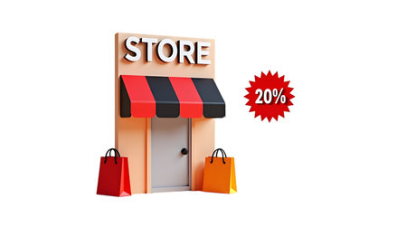 A charming 3d illustration of a store with a red and black awning, featuring shopping bags and a 20 discount sign, isolated on transparent backgroundの素材