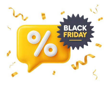 Black friday sale announcement with percentage symbol and golden confetti, isolated on transparent backgroundの素材