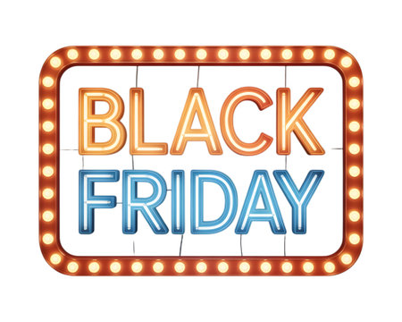 Black friday text in illuminated marquee sign with bulbs, isolated on transparent backgroundの素材