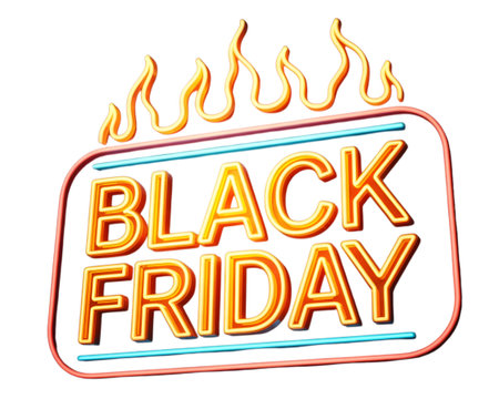 Black friday sale promotion text with fiery orange and yellow neon glow, isolated on transparent backgroundの素材