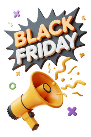 Black friday sale announcement with a megaphone and colorful abstract shapes, isolated on transparent backgroundの素材