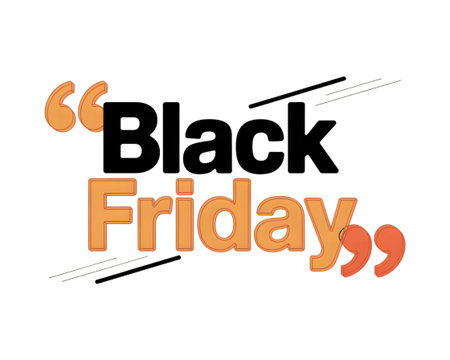 Black friday text with orange quotation marks and diagonal lines, isolated on transparent backgroundの素材