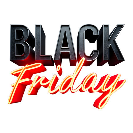 Bold 3d text spelling out black friday with a red glow effect, isolated on transparent backgroundの素材