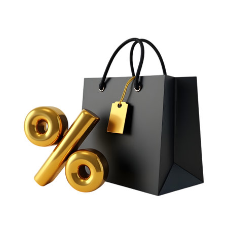 Black shopping bag with golden percentage symbol and gift box isolated on transparent backgroundの素材