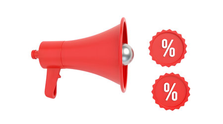 Red megaphone with two red circular tags with percentage symbols isolated on transparent backgroundの素材