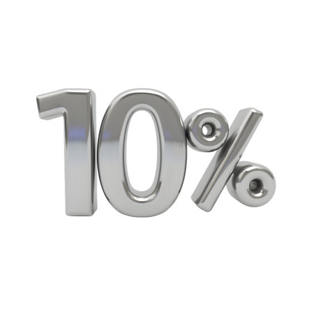 Shiny metallic 3d render of the number 10 with a percent sign, isolated on transparent backgroundの素材