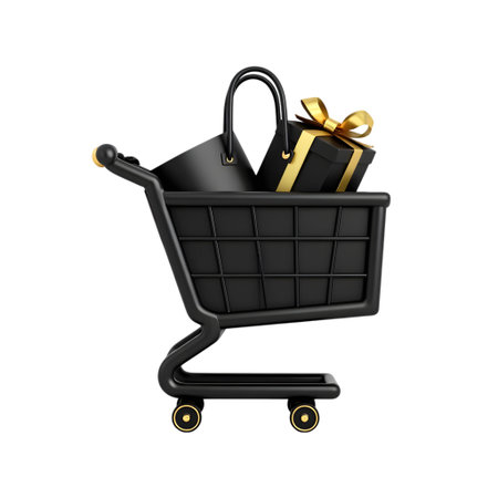 Black shopping cart filled with a shopping bag and a gift box with a gold ribbon isolated on transparent backgroundの素材