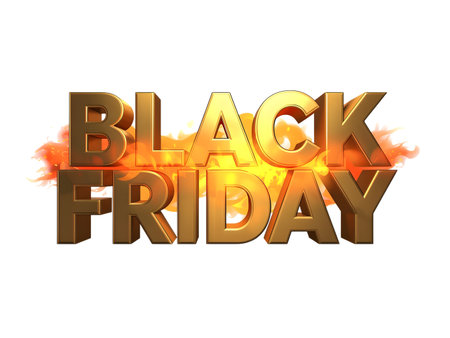 Golden black friday text with fiery flames and smoke, isolated on transparent backgroundの素材