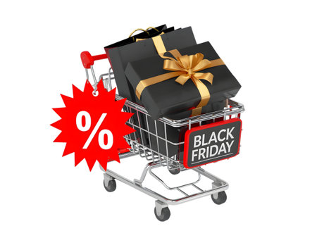 Black Friday sale concept. Shopping cart with gift boxes and red sale label on white backgroundの素材