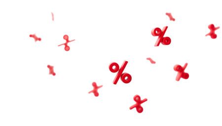 Red percent sign isolated on white background. 3d render illustration.の素材