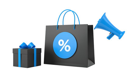 Black shopping bag with a percent sign and a megaphone on a white backgroundの素材