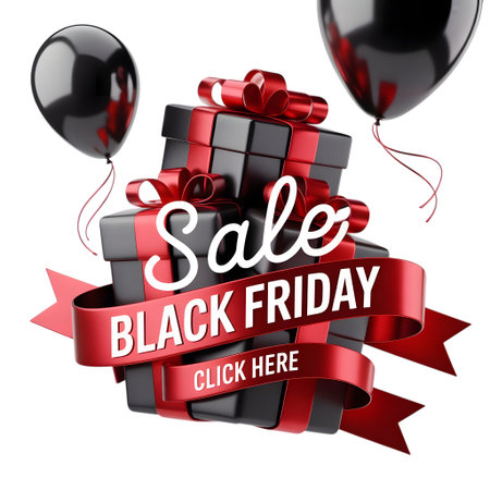 Black friday sale with gift boxes, balloons, and a click here button, isolated on transparent backgroundの素材