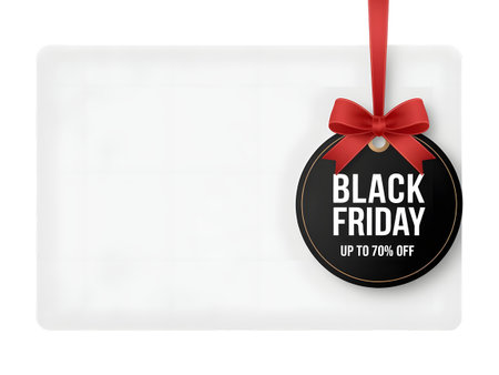 Black friday up to 70 off circular tag with red ribbon and bow isolated on transparent backgroundの素材