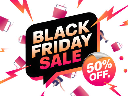 Black friday sale with 50 percent off, shopping bags and lightning bolts, isolated on transparent backgroundの素材