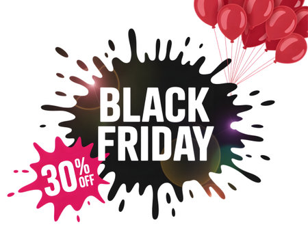 Black friday sale with 30 percent off discount and red balloons, isolated on transparent backgroundの素材