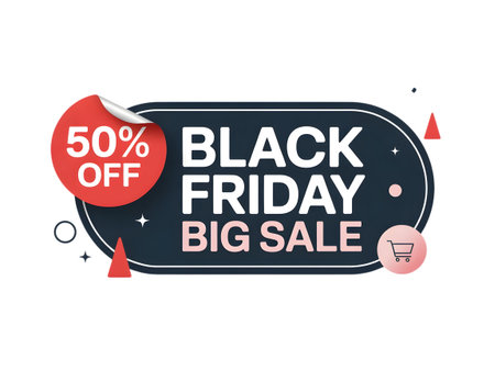 Black friday big sale tag with 50 off sticker and shopping cart icon, isolated on transparent backgroundの素材