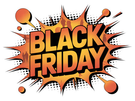 Explosive comic book style black friday sale announcement with silhouettes of shoppers inside the explosion, isolated on transparent backgroundの素材