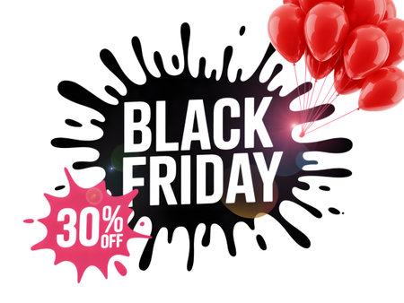 Black friday sale with 30 percent off discount and red balloons, isolated on transparent backgroundの素材