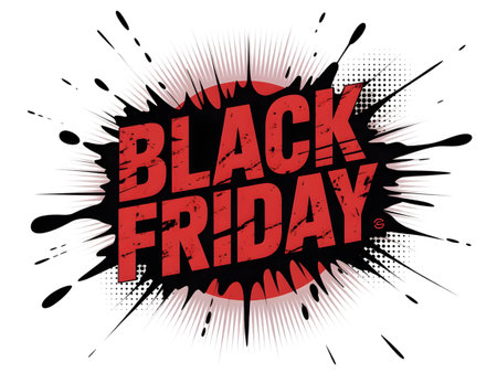 Aggressive splash style black friday sale announcement in red and black with halftone dot pattern, isolated on transparent backgroundの素材