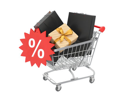 Shopping cart filled with gift boxes and a percentage sign, isolated on transparent backgroundの素材