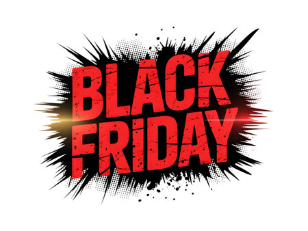 Black friday text in red with a distressed splatter effect and light flare on a transparent background isolated on transparent backgroundの素材