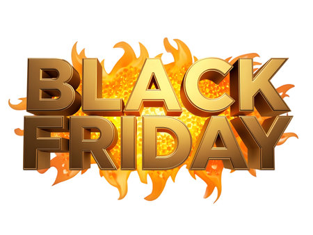 Golden black friday text with fiery background, symbolizing hot deals and intense sales isolated on transparent backgroundの素材