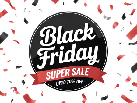Black friday super sale announcement with up to 70 off, surrounded by falling confetti isolated on transparent backgroundの素材