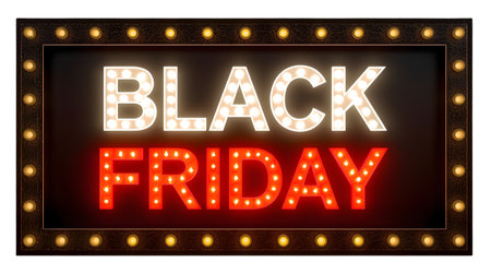 Black friday text with glowing neon and bulb lights in a framed sign isolated on transparent backgroundの素材