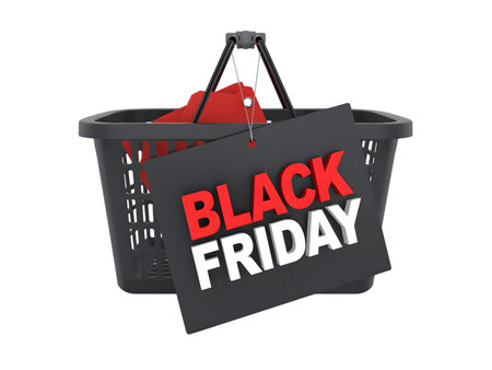Black friday sign hanging from a shopping basket, isolated on transparent backgroundの素材